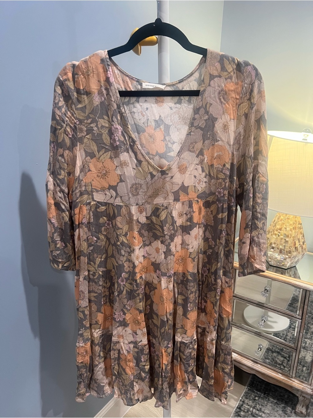V-Neck Mini Dress in Peach and Gray Floral